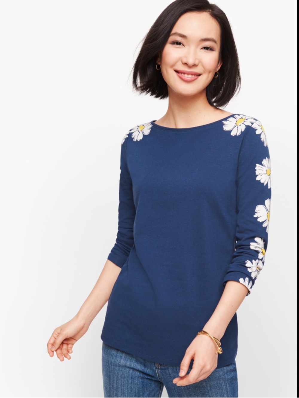 Talbots Tee Women’s Large Blue Daisy Boat Neck 3/4 Sleeve Shirt Cotton Stretch